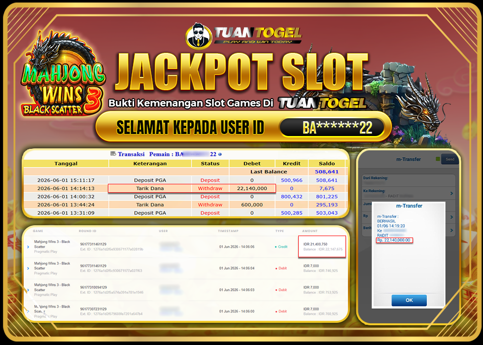 TUANTOGEL JACKPOT SLOT MAHJONG WINS 3 -BLACK SCATTER Rp22.140.000,- LUNAS